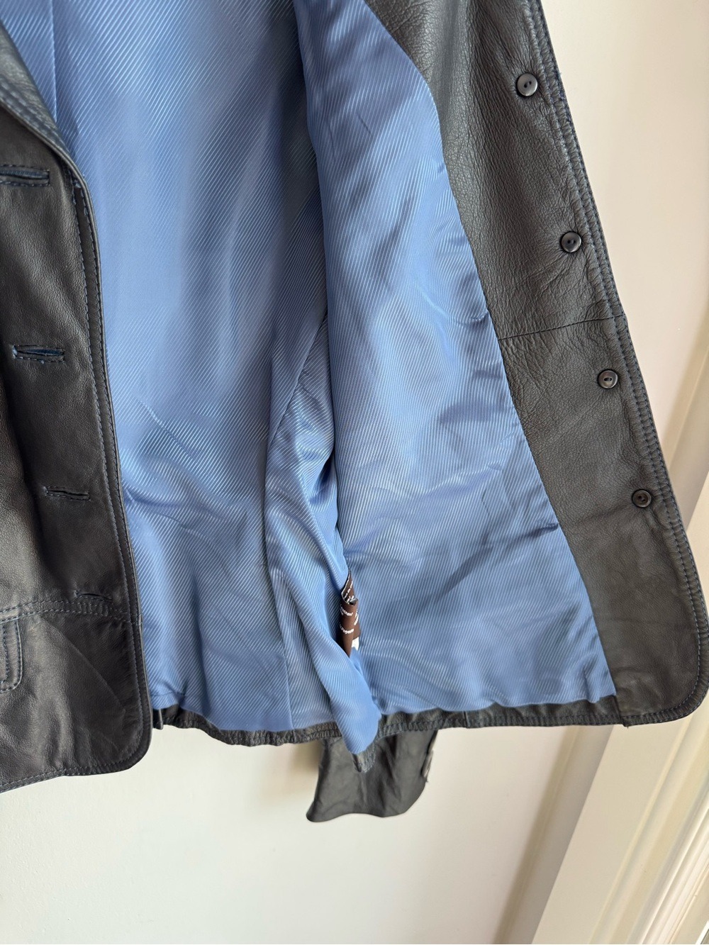 Danier Slate Blue Leather Jacket M Button Front Blazer Coat Fall Navy Y2K Classy - Picture 11 of 13